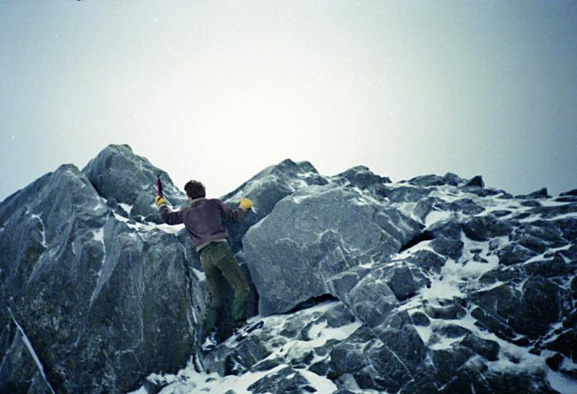 1991-01-08c.jpg - Toby scrambling somewhere on Sca Fell