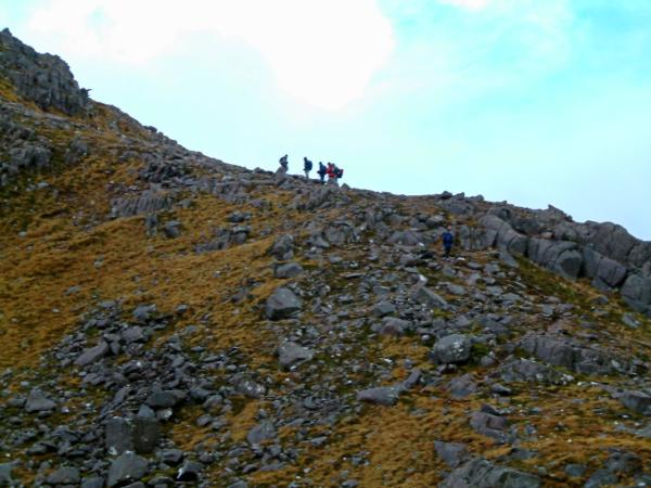 dscf0024.jpg - The group split at the head of the coire, with most going up Beinn Liath Mhor; we went up Fuar Tholl on the other side.
