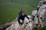 Dave scrambling with the Etive road far below