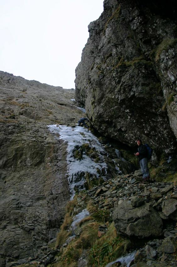 20060204-142358.jpg - Will and Sam at the main obstacle - an ice sheet covering the essential holds