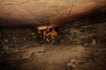 The two Richards pose in the inclined bedding of Great Shale Street in Uamh nam Breudaire
